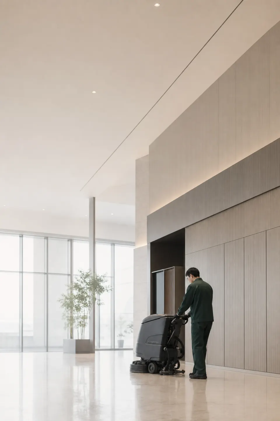 넓은 바닥의 오염과 작업 장비 사용 조건을 확인하는 작업자